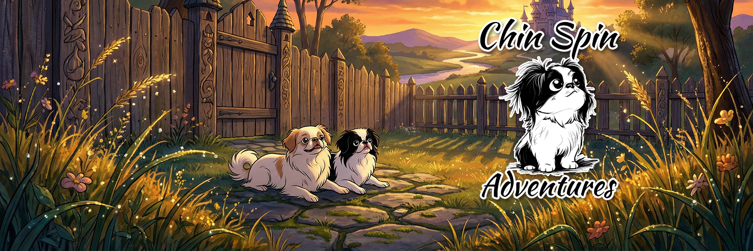 Chin Spin Adventures banner - Zora and Pumpkin in a storybook garden at sunset